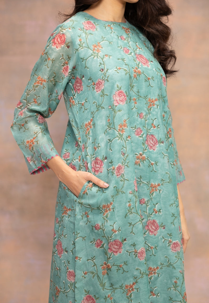Rosalia Blue Sanganeri Chanderi Silk A Line Kurta