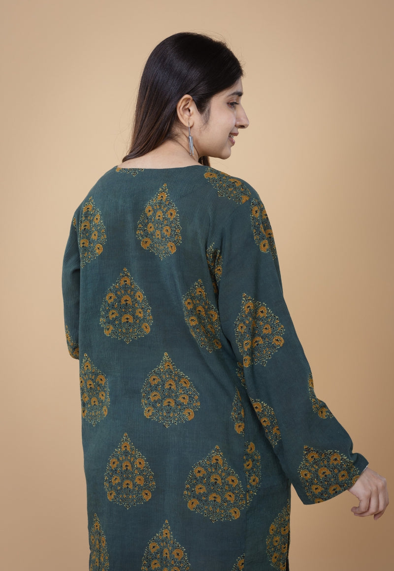 Veda Green Ajrakh Crush Cotton A Line Kurta