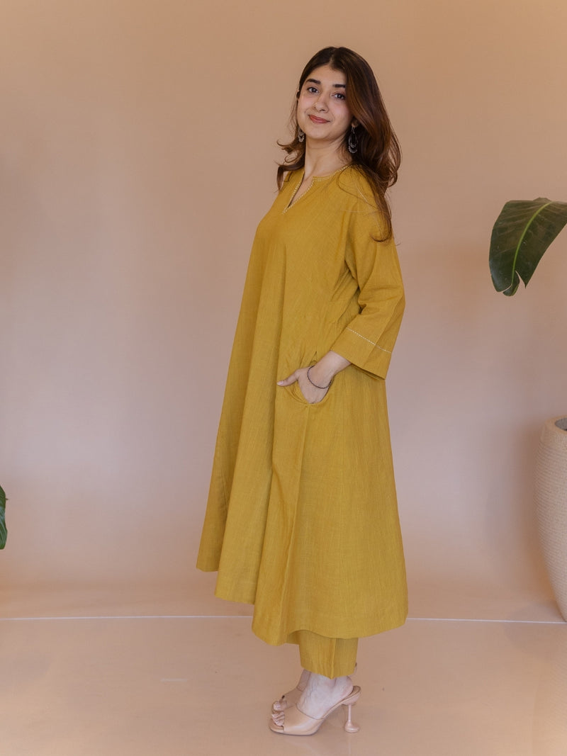 Nyra Yellow Solid Slub Cotton Jhabbha Kali Kurta with Hand Embroidery