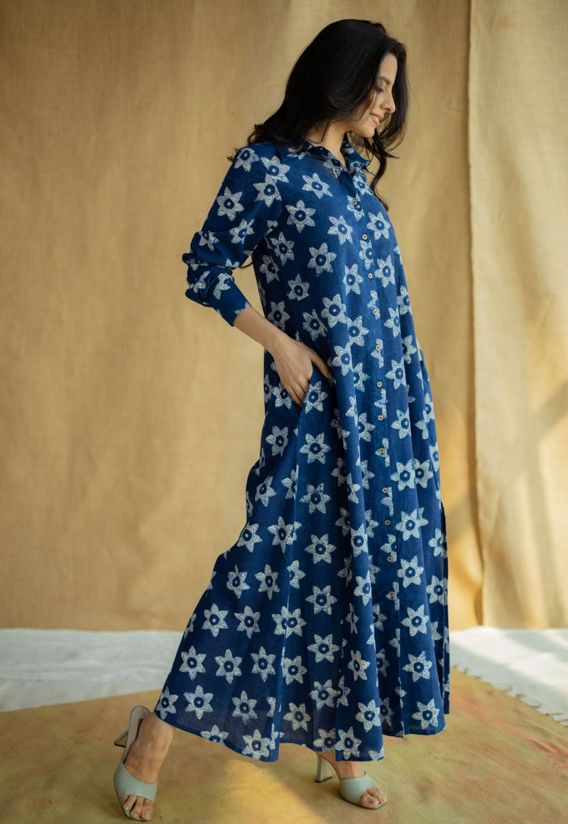 Trusha Indigo Bagru Slub Cotton A Line Dress