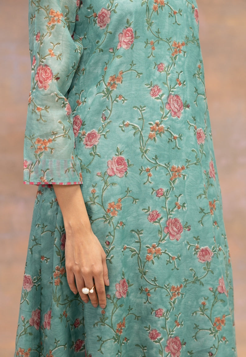 Rosalia Blue Sanganeri Chanderi Silk A Line Kurta