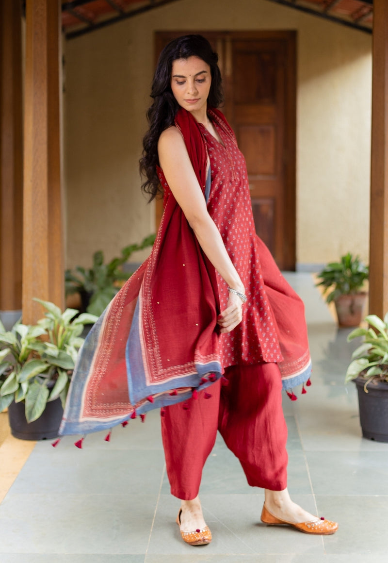 Madder Ajrakh Chanderi Silk Dupatta with Embroidery