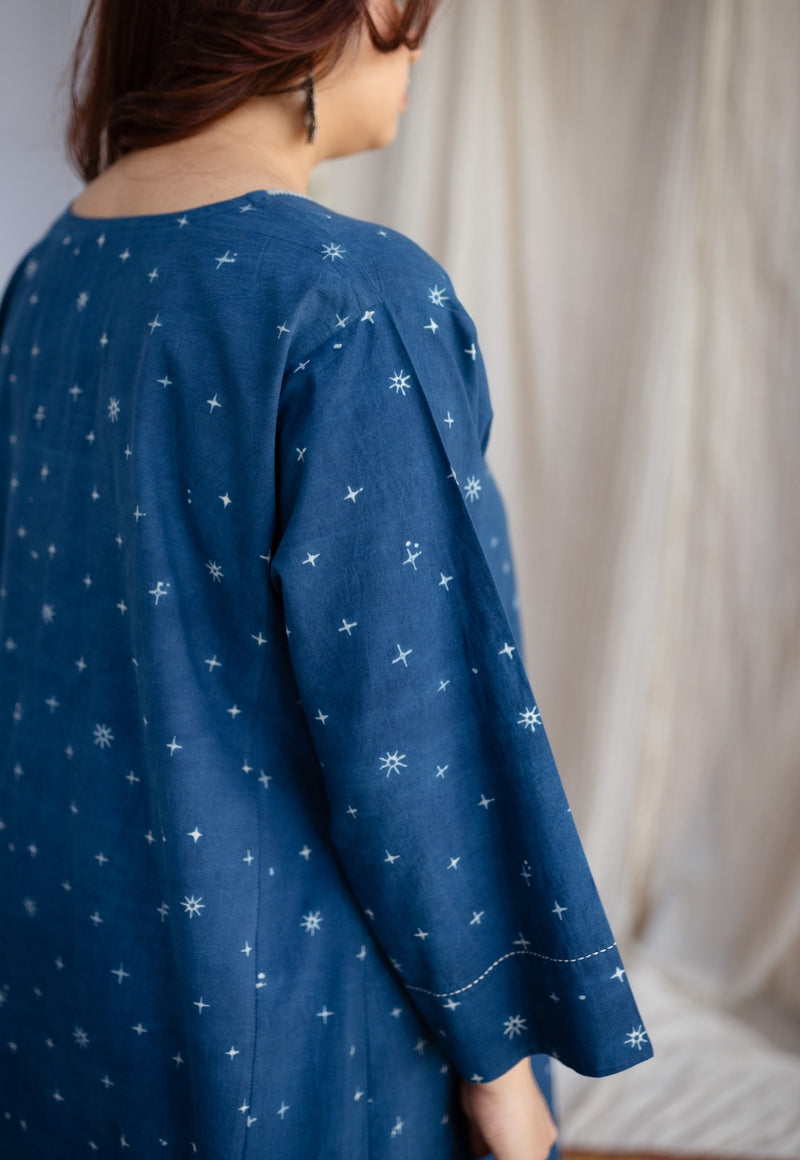 Eshika Indigo Ajrakh Cotton Jhabba Kali Kurta with Hand Embroidery