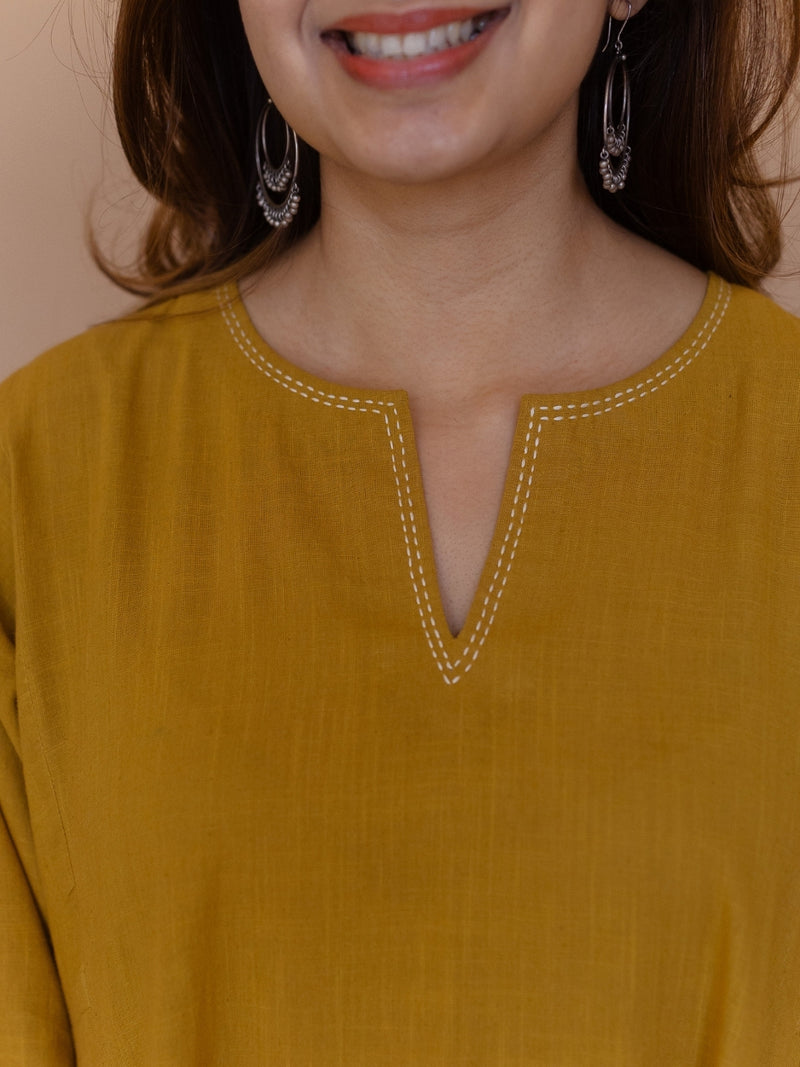 Nyra Yellow Solid Slub Cotton Jhabbha Kali Kurta with Hand Embroidery