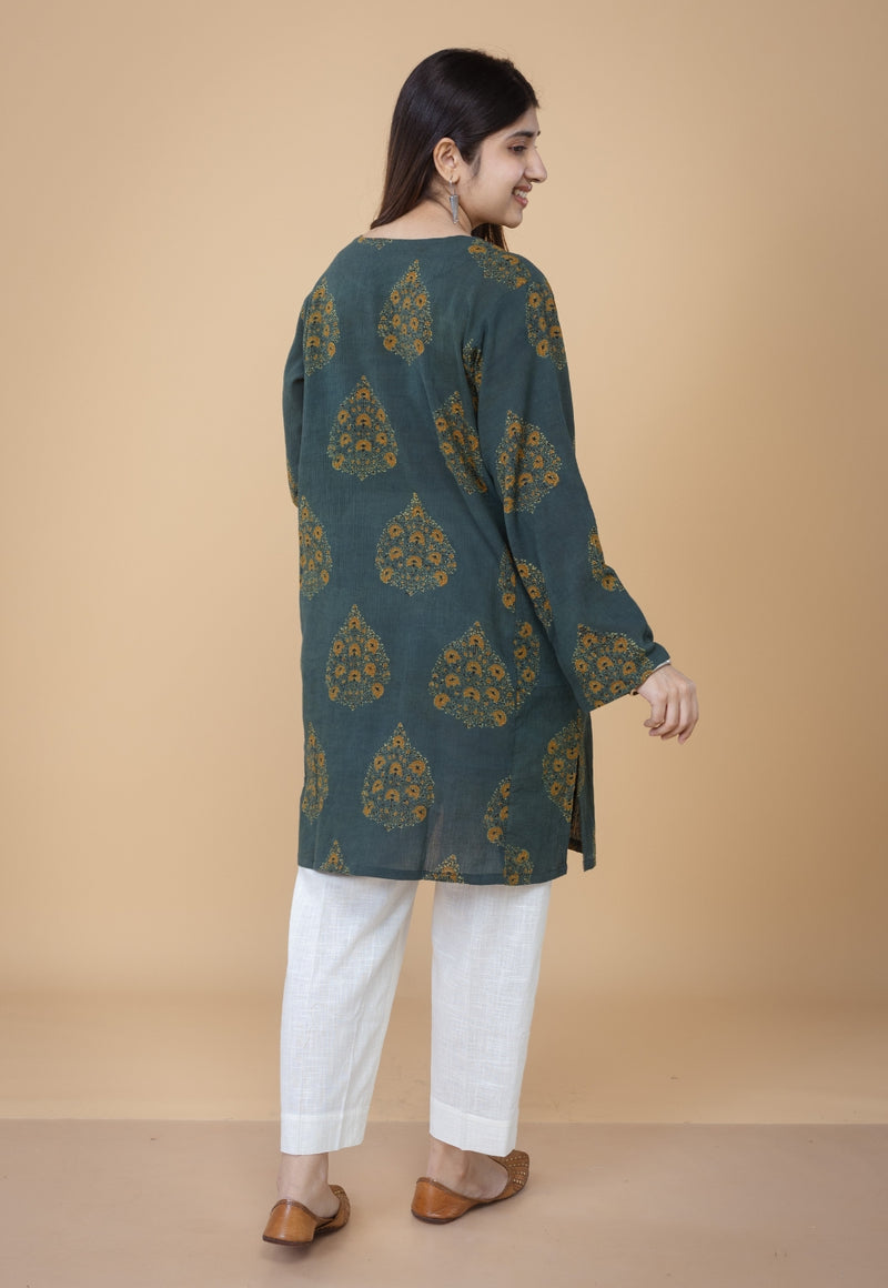 Veda Green Ajrakh Crush Cotton A Line Kurta
