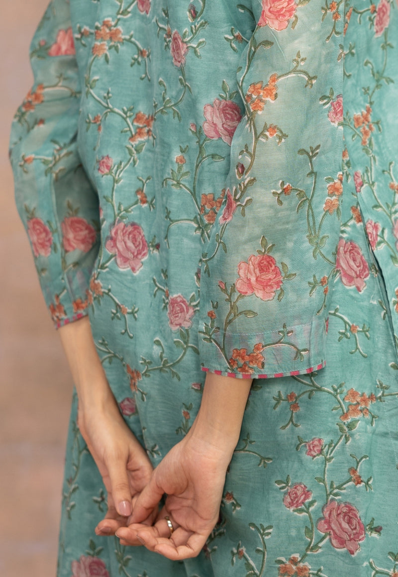 Rosalia Blue Sanganeri Chanderi Silk A Line Kurta