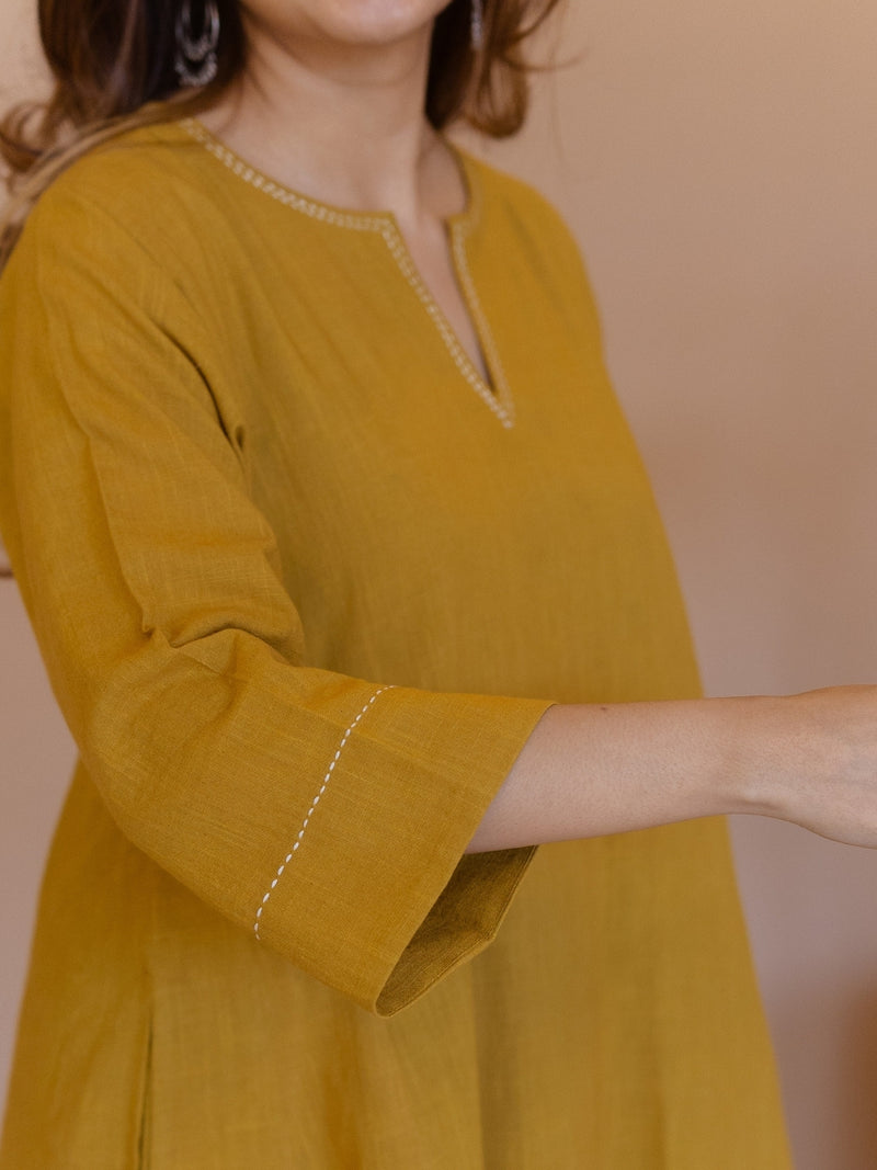 Nyra Yellow Solid Slub Cotton Jhabbha Kali Kurta with Hand Embroidery