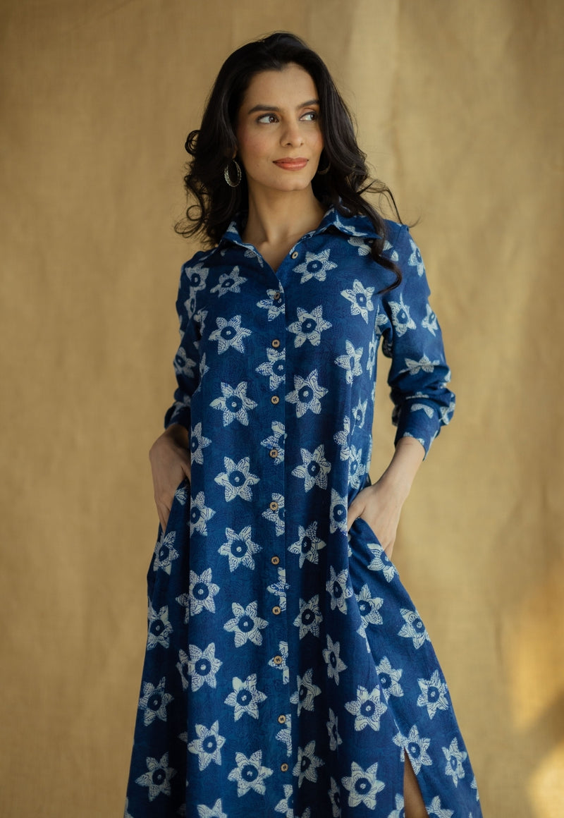 Trusha Indigo Bagru Slub Cotton A Line Dress