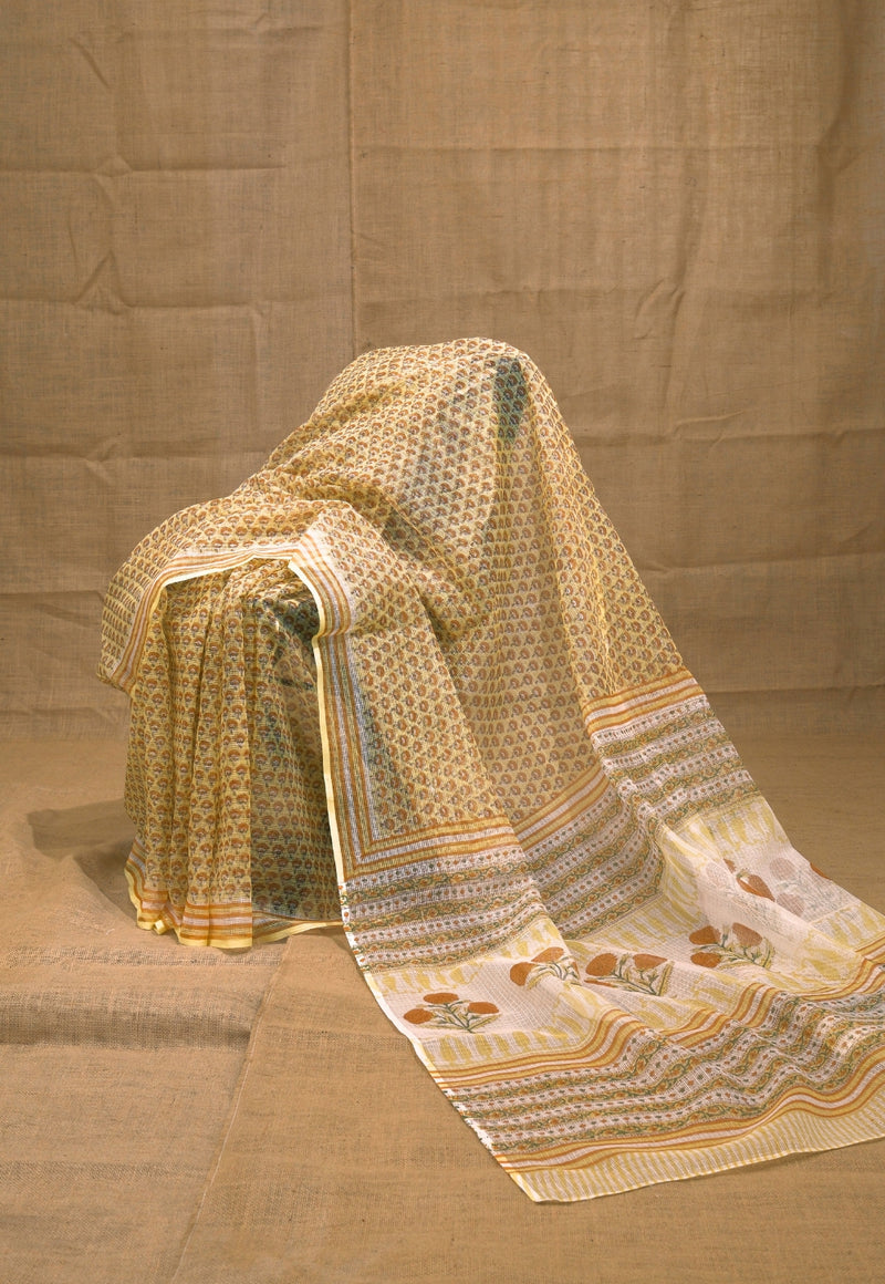 Yellow Butti Sanganeri Hand Block Print Kota Doria Saree