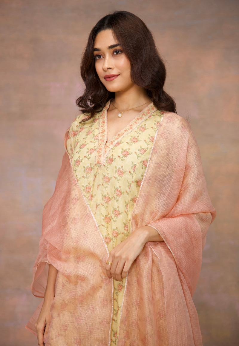 Peach Solid Kota Doria Silk Dupatta with Mukaish Detailing