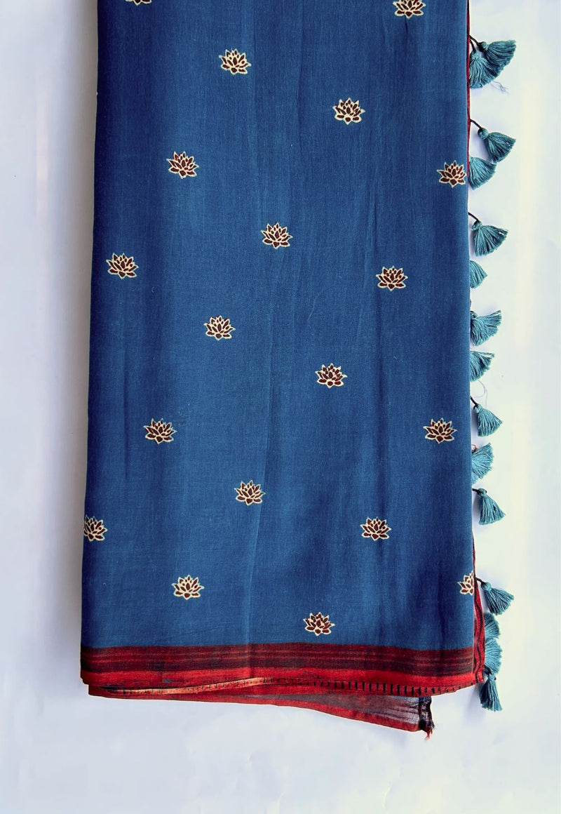 Indigo Ajrakh Handblock Printed MulMul Saree