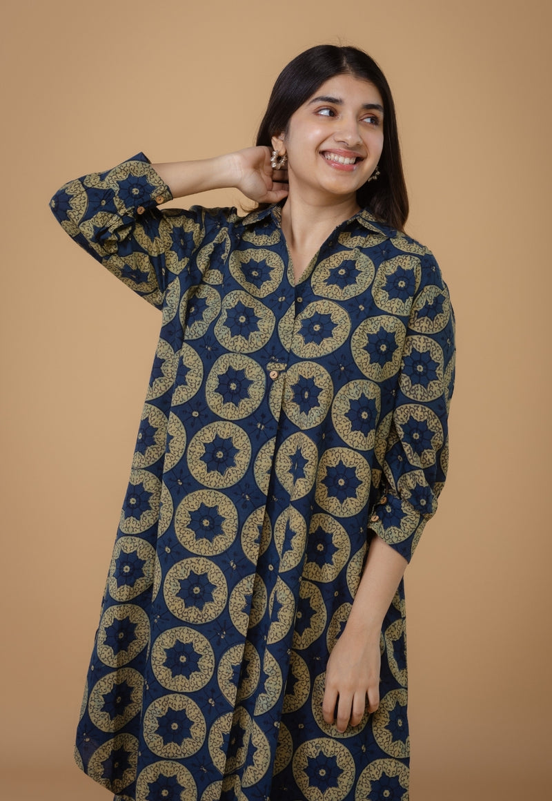 Ridah Blue Ajrakh Cotton A Line Dress