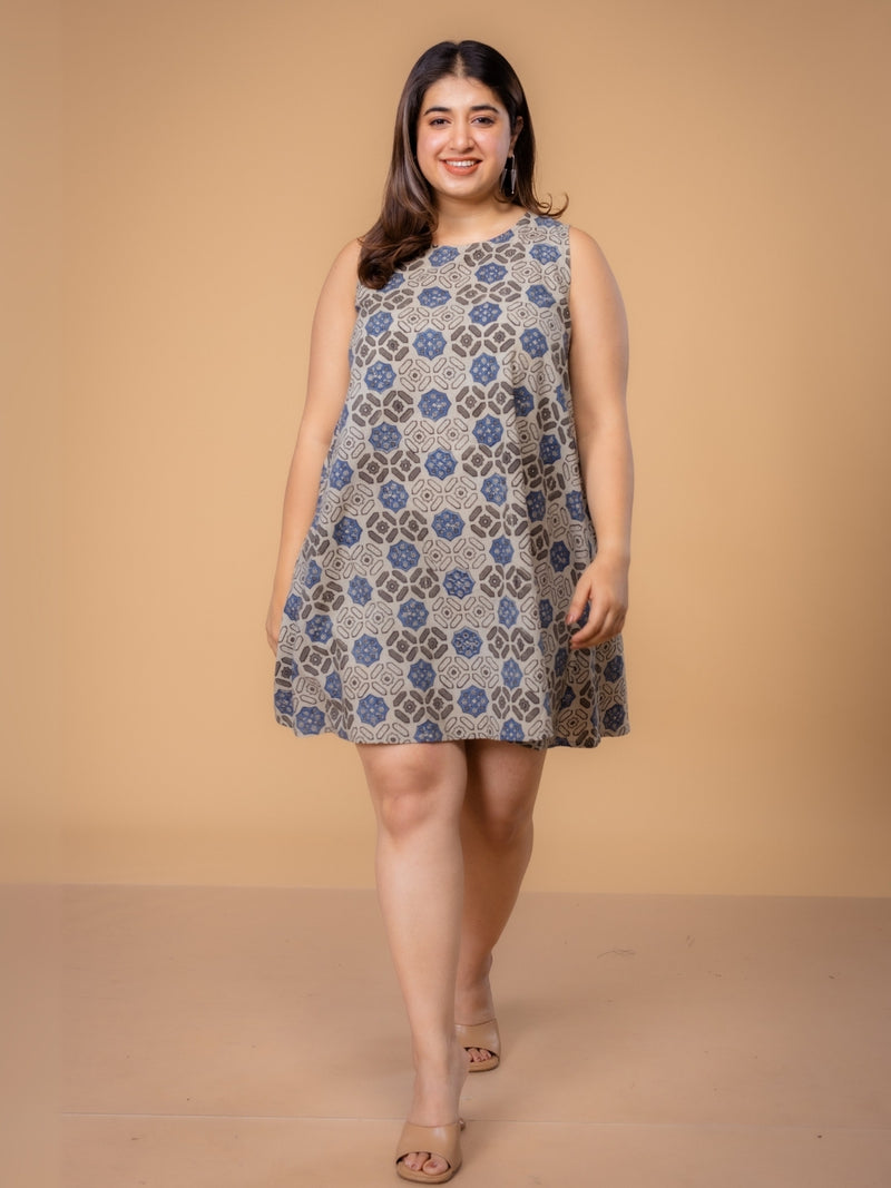 Inam Grey Ajrakh Cotton A Line Dress