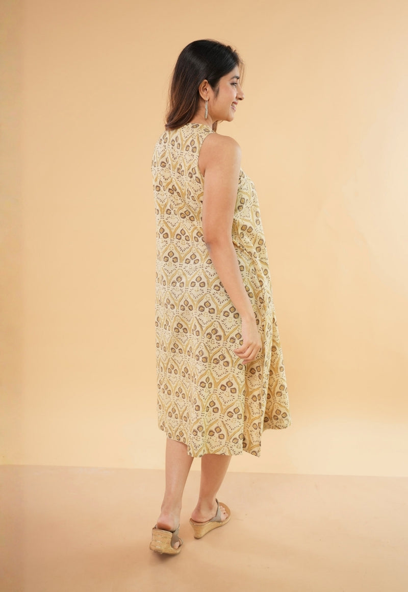 Eira Beige Ajrakh Cotton A Line Dress