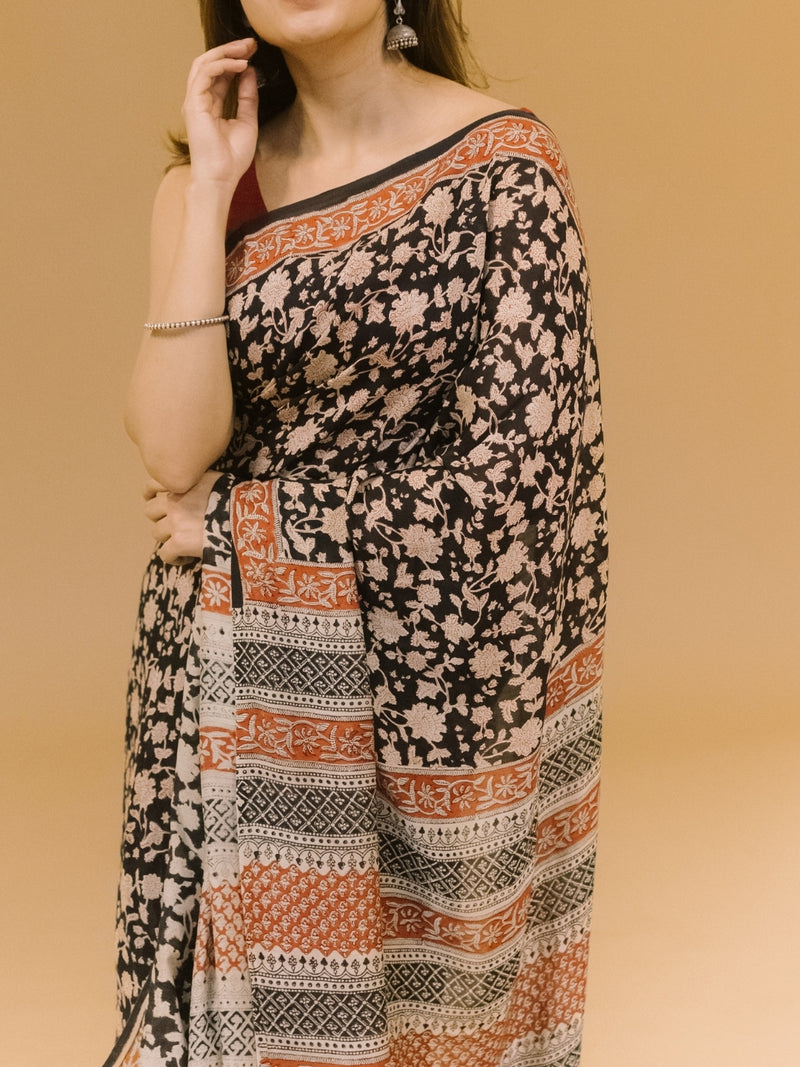 Black Jaal Bagru Hand Block Print Modal Saree