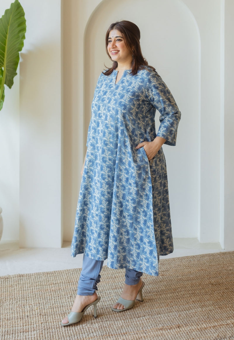 Malika Blue Ajrakh Cotton Kali Kurta