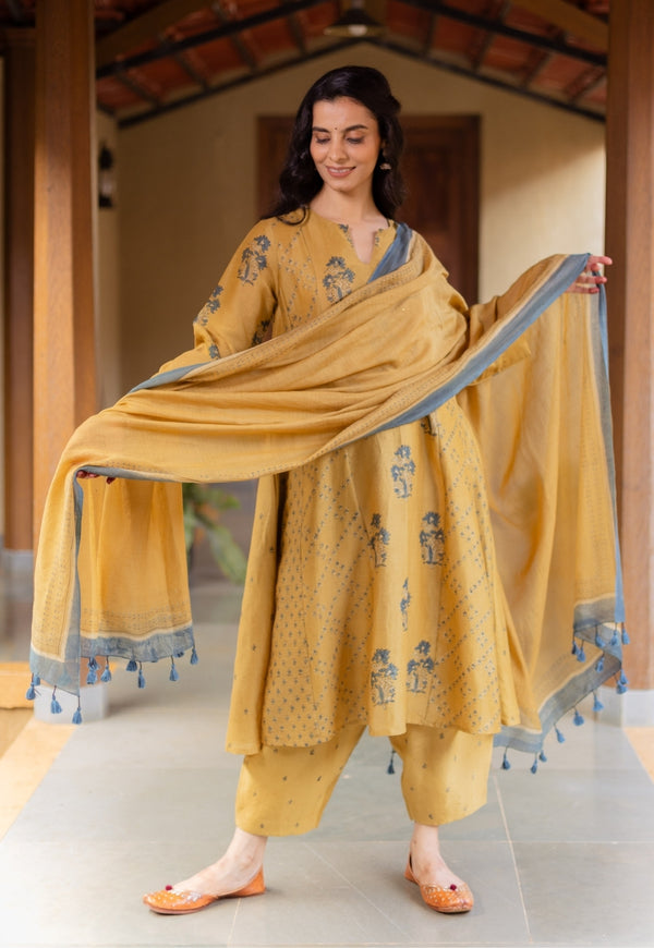 Mustard Ajrakh Chanderi Silk Dupatta with Embroidery