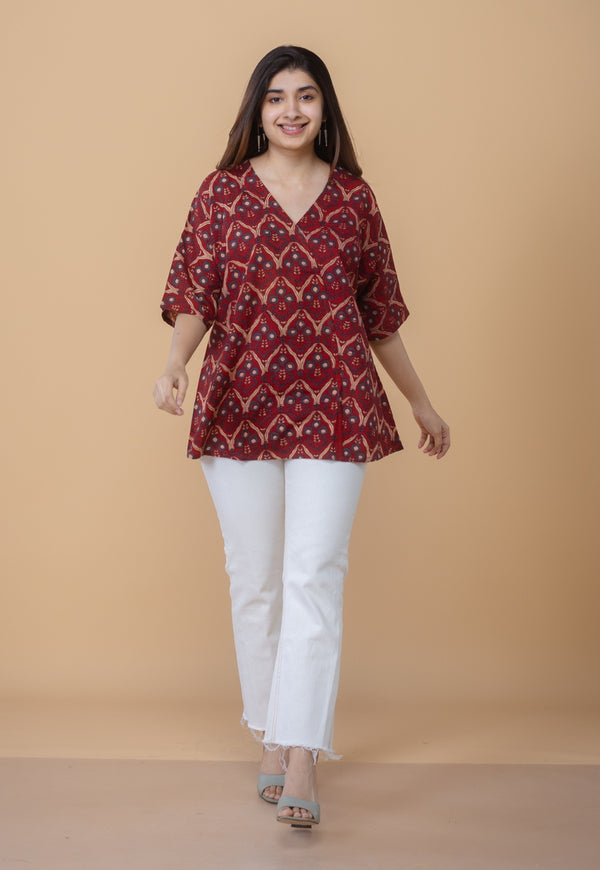 Anshika Red Ajrakh Cotton Anti-Fit Short Top