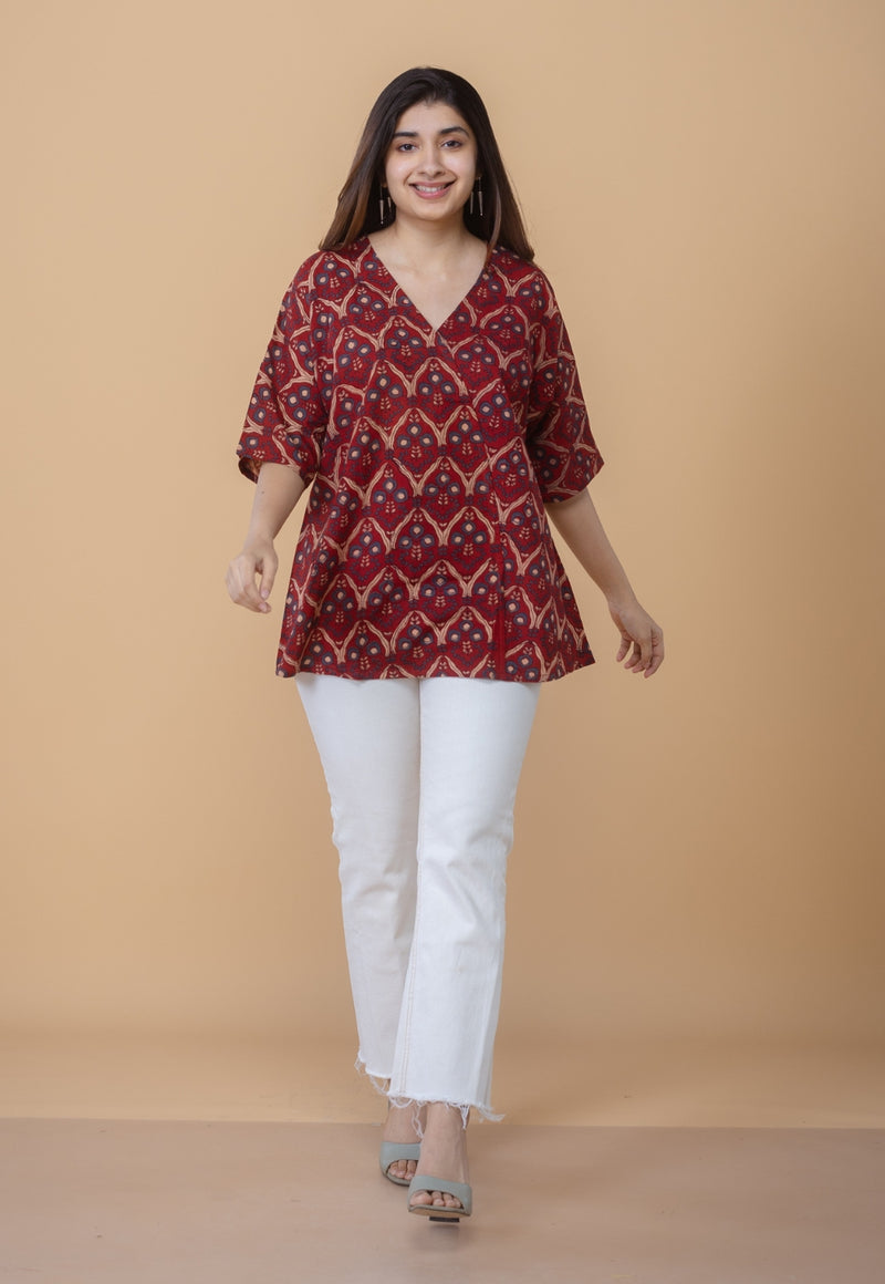 Anshika Red Ajrakh Cotton Anti-Fit Short Top