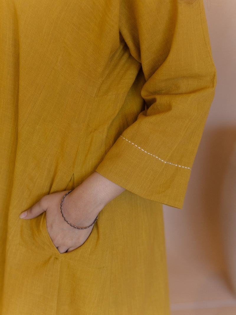 Nyra Yellow Solid Slub Cotton Jhabbha Kali Kurta with Hand Embroidery