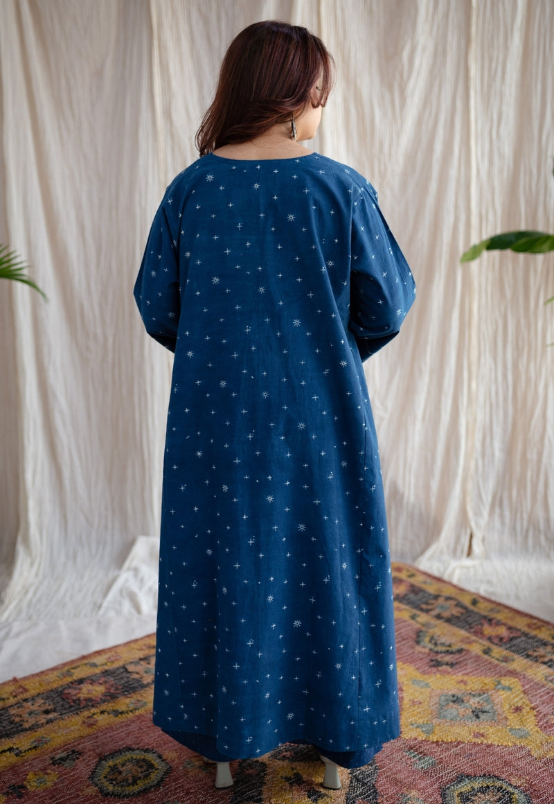 Eshika Indigo Ajrakh Cotton Jhabba Kali Kurta with Hand Embroidery