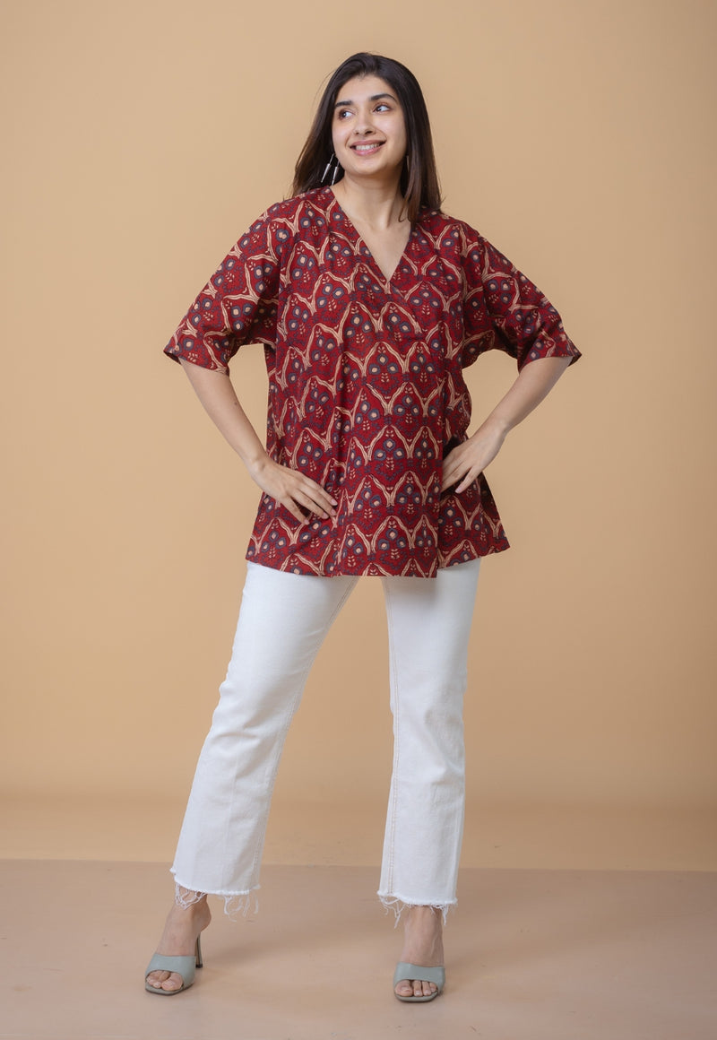 Anshika Red Ajrakh Cotton Anti-Fit Short Top