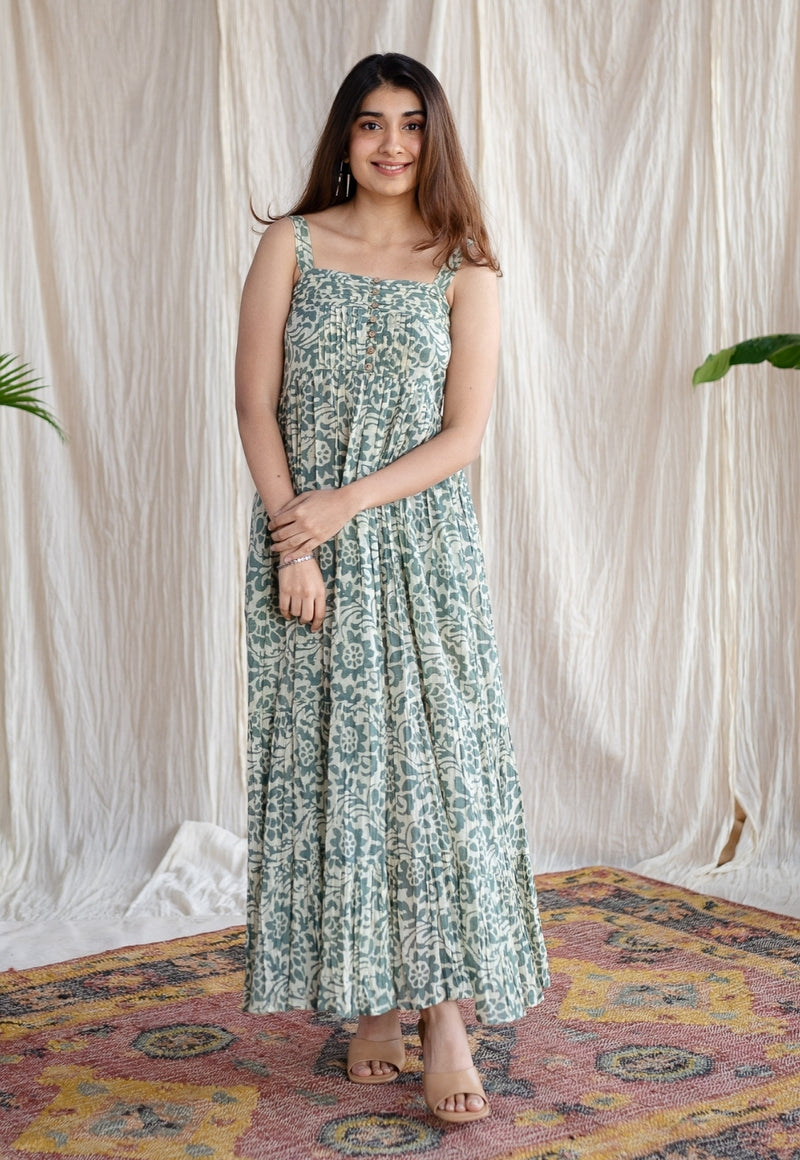 Ashvi Green Batik MulMul Cotton A Line Dress