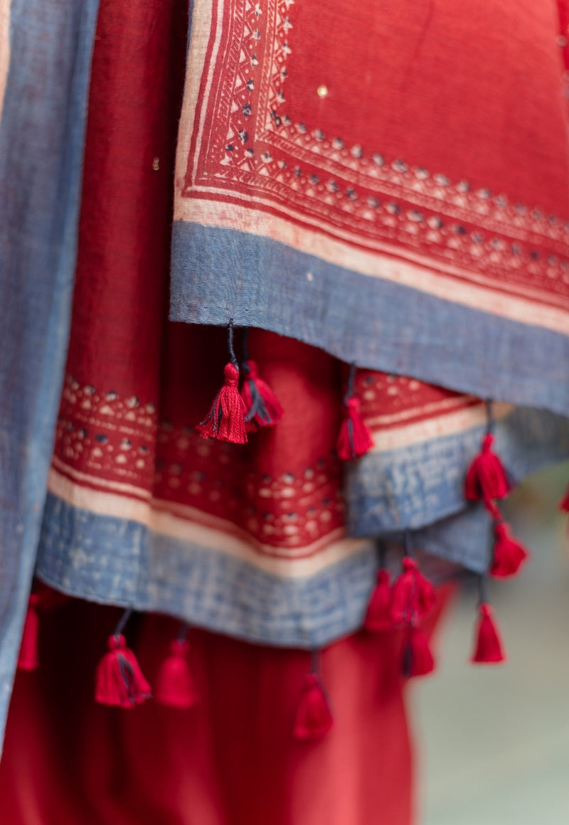 Madder Ajrakh Chanderi Silk Dupatta with Embroidery