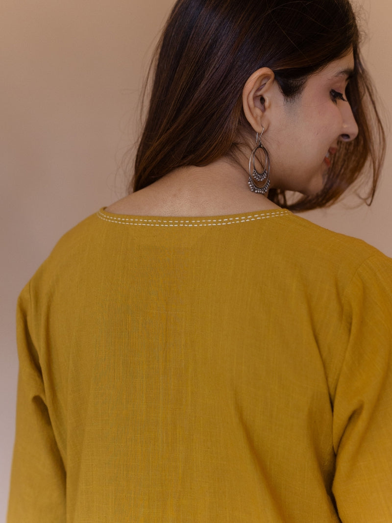 Nyra Yellow Solid Slub Cotton Jhabbha Kali Kurta with Hand Embroidery