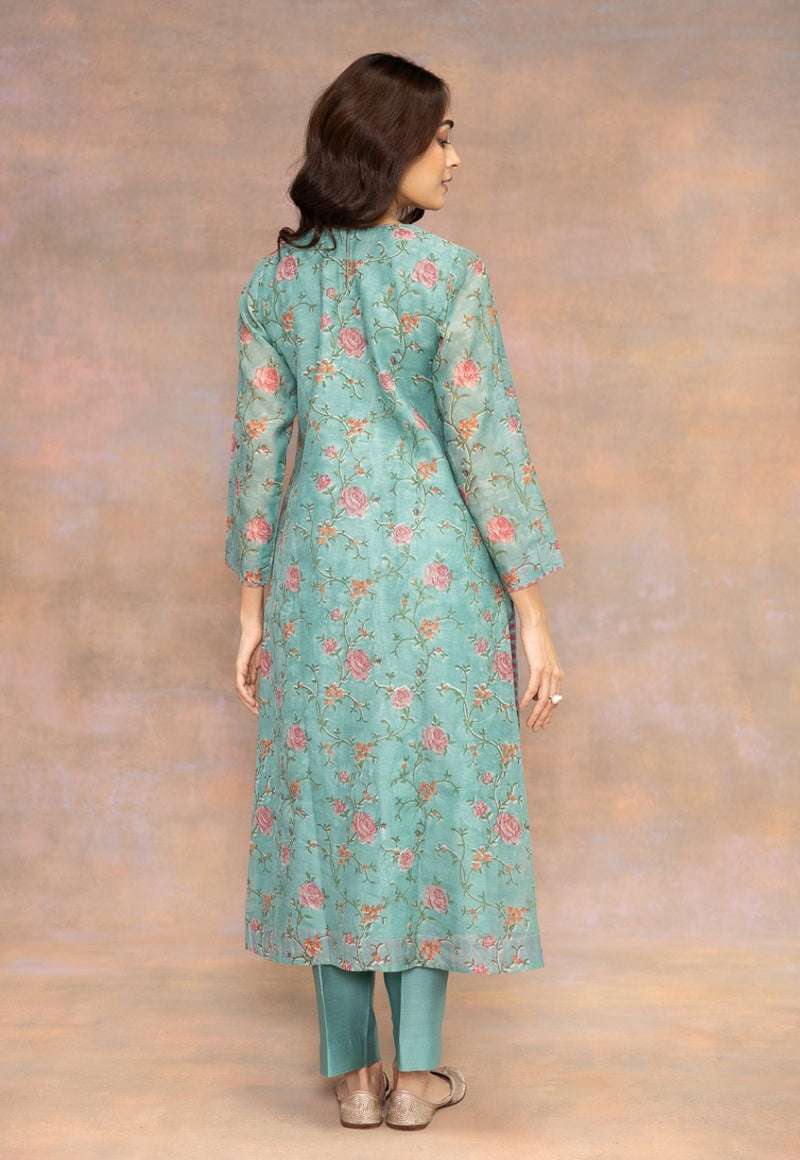 Rosalia Blue Sanganeri Chanderi Silk A Line Kurta