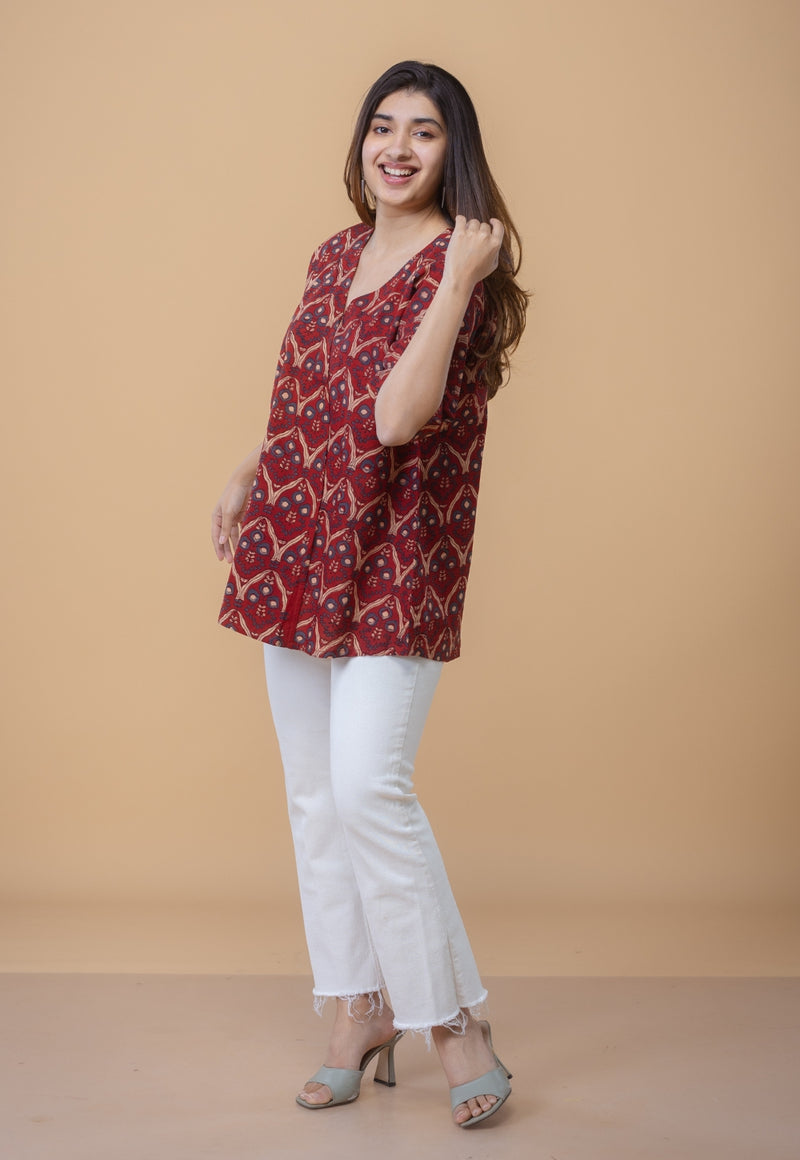 Anshika Red Ajrakh Cotton Anti-Fit Short Top