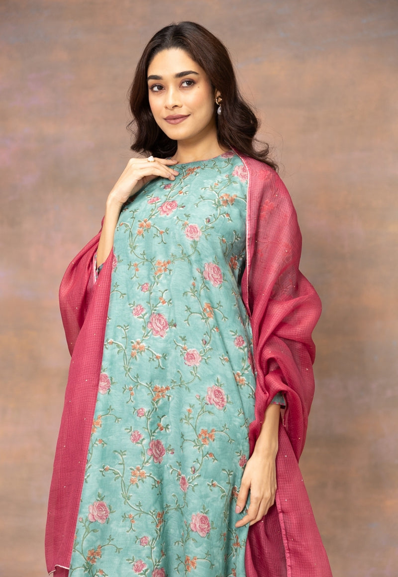 Hot Pink Solid Kota Doria Silk Dupatta with Mukaish Detailing