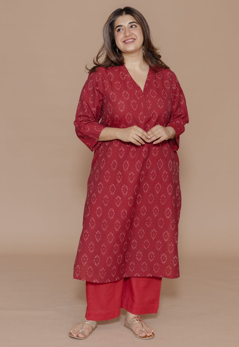 Avika Red Handloom Ikkat Cotton Straight Kurta