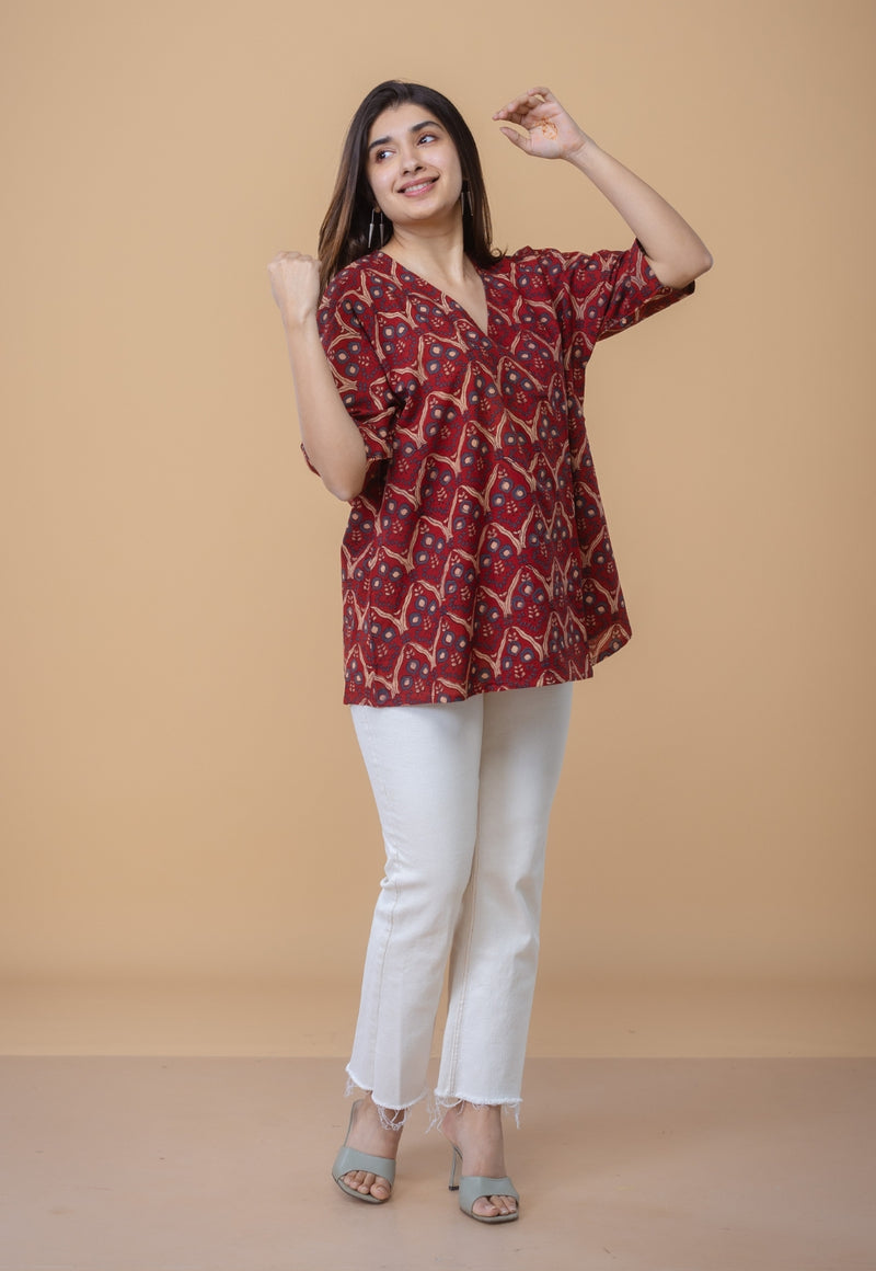 Anshika Red Ajrakh Cotton Anti-Fit Short Top