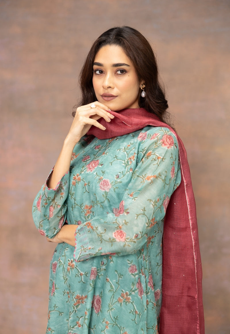 Hot Pink Solid Kota Doria Silk Dupatta with Mukaish Detailing