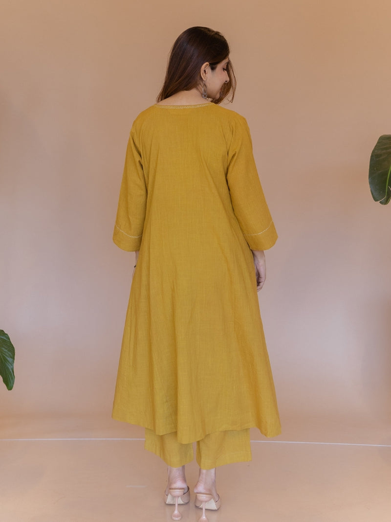 Nyra Yellow Solid Slub Cotton Jhabbha Kali Kurta with Hand Embroidery