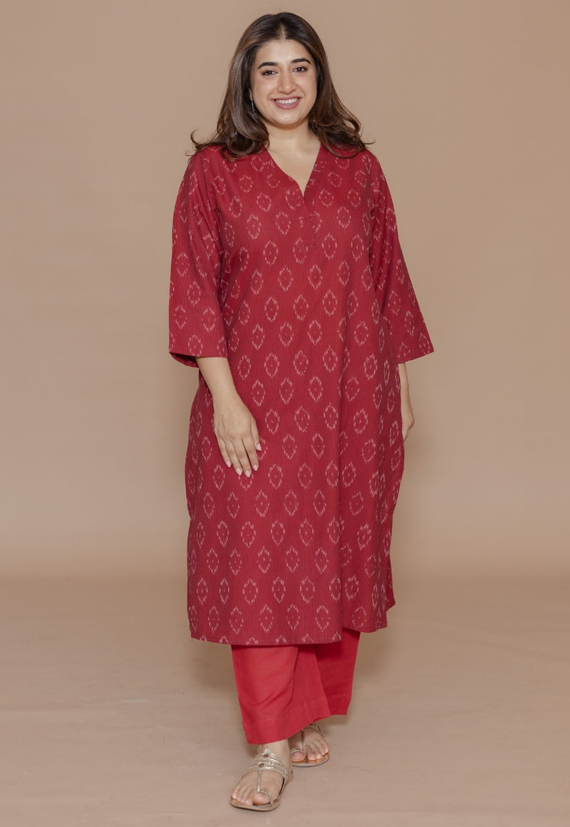 Avika Red Handloom Ikkat Cotton Straight Kurta