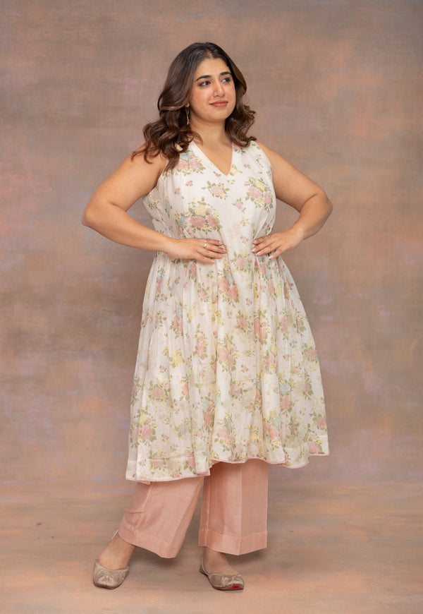 Rois White Sanganeri Chanderi Silk Kali Kurta