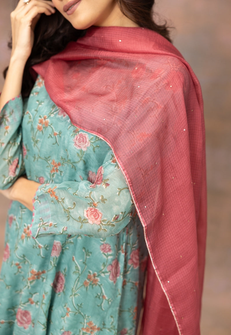 Hot Pink Solid Kota Doria Silk Dupatta with Mukaish Detailing