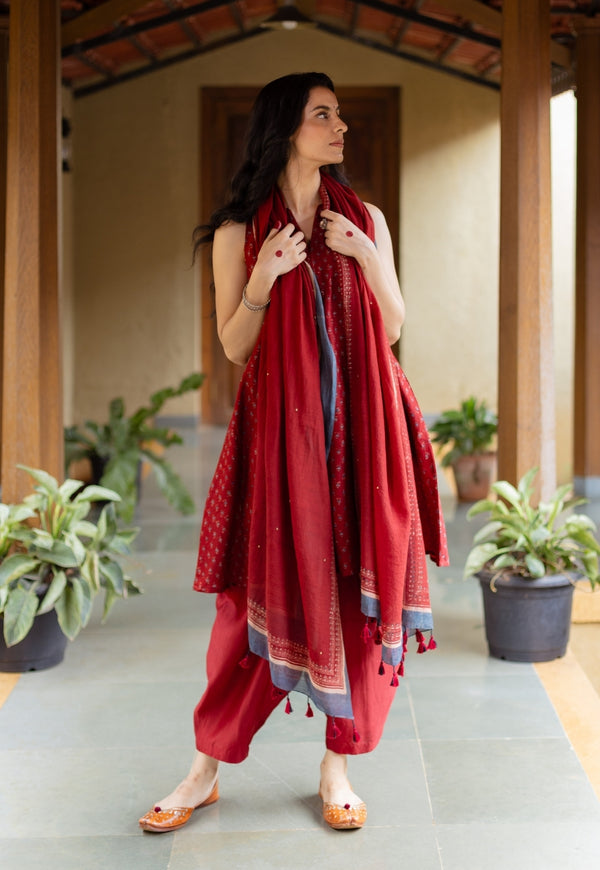 Nida Madder Ajrakh Chanderi Silk A Line Kurta with Hand Embroidery