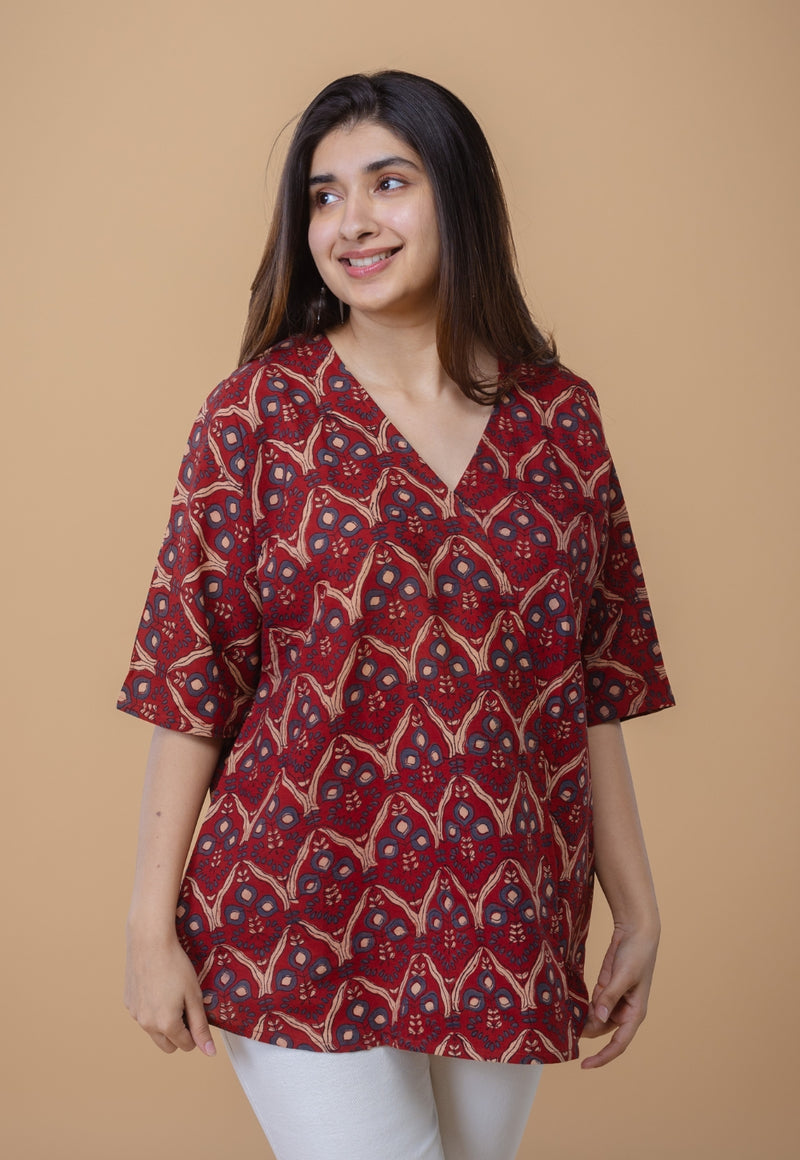 Anshika Red Ajrakh Cotton Anti-Fit Short Top