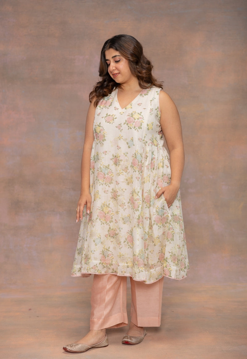 Rois White Sanganeri Chanderi Silk Kali Kurta