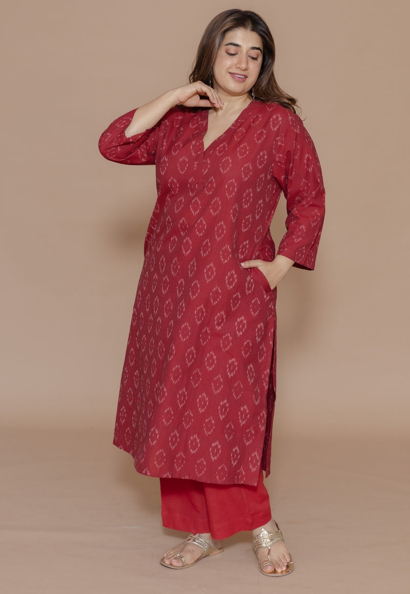 Avika Red Handloom Ikkat Cotton Straight Kurta