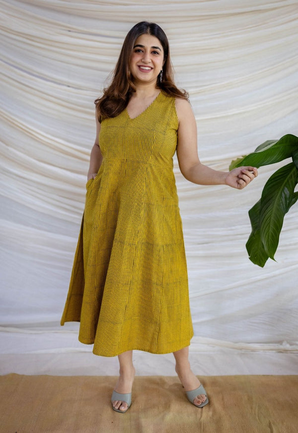 Veena Mustard Ajrakh Cotton A Line Dress