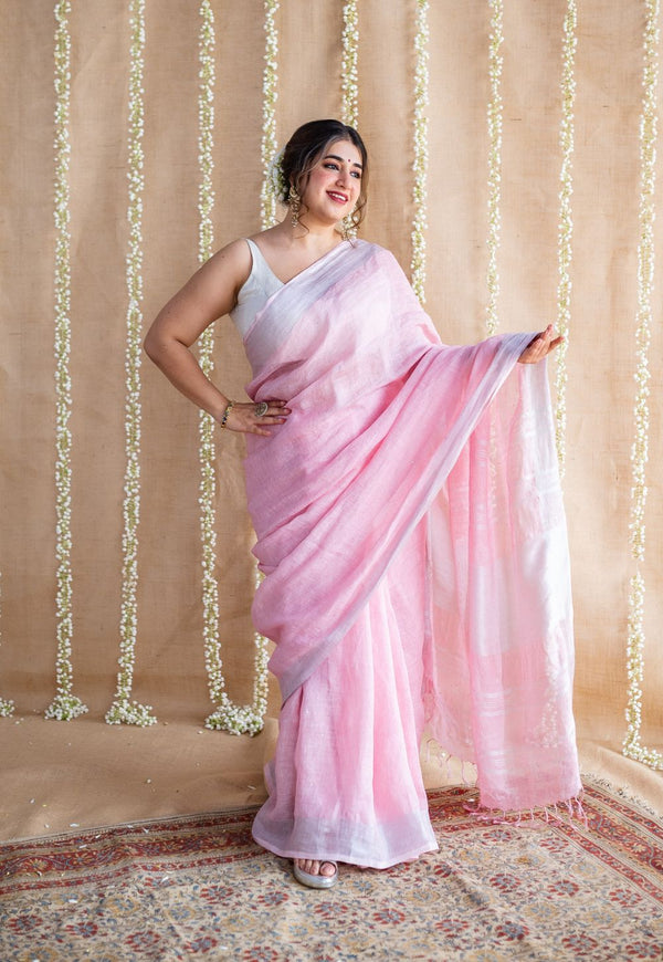 Pink Linen Silver Zari Border Saree with Mukaish Detailing