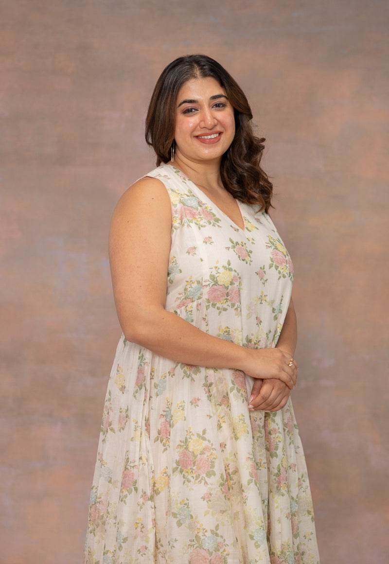 Rois White Sanganeri Chanderi Silk Kali Kurta