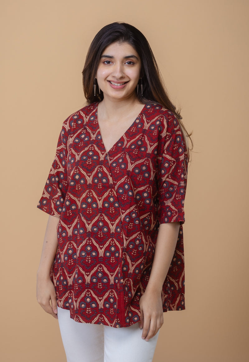 Anshika Red Ajrakh Cotton Anti-Fit Short Top