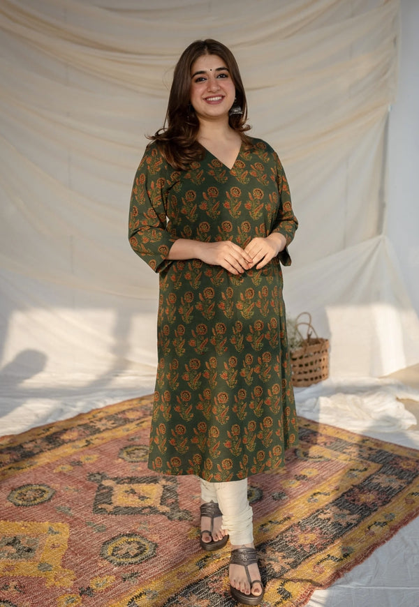 Wahida Green Ajrakh Natural Dyed Cotton Kurta