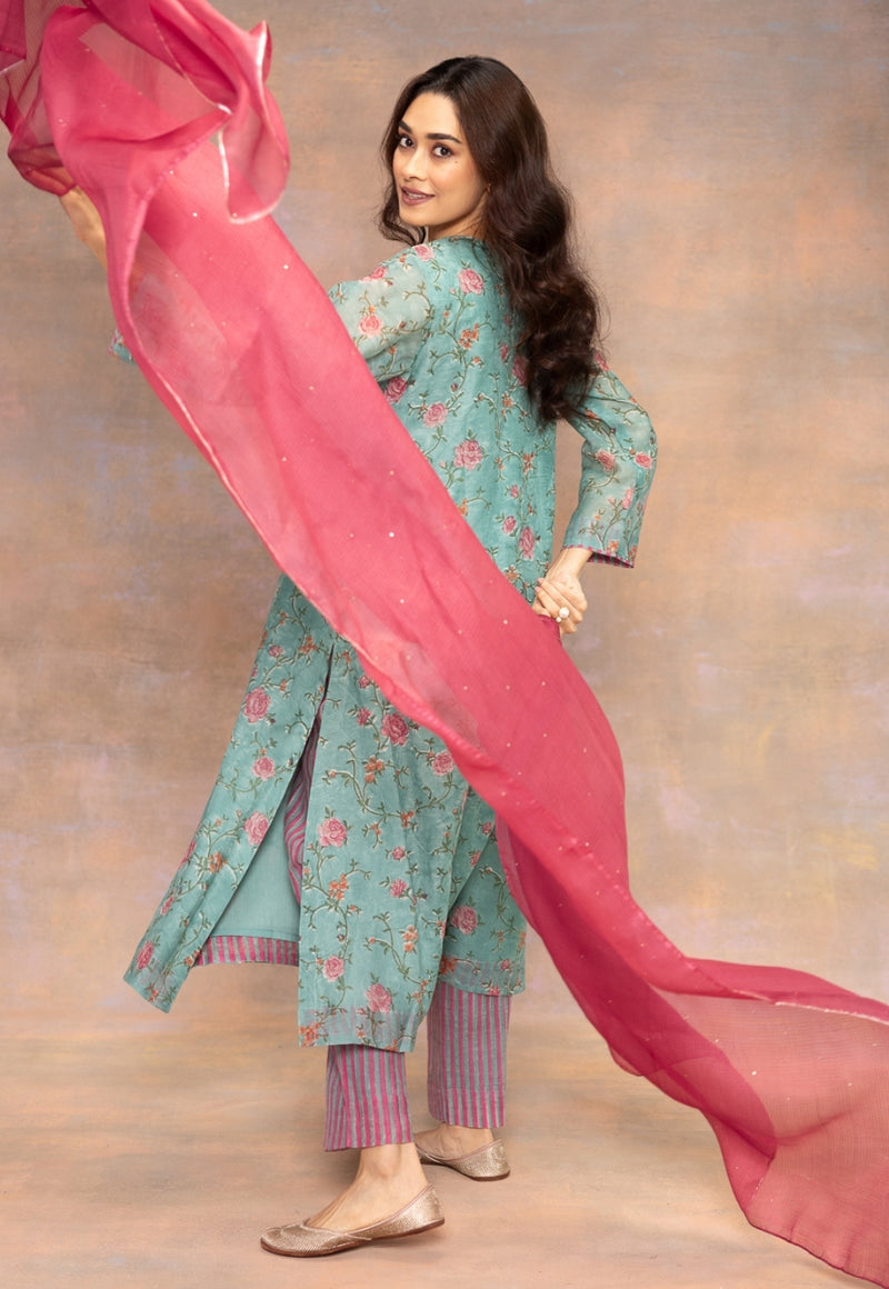 Hot Pink Solid Kota Doria Silk Dupatta with Mukaish Detailing