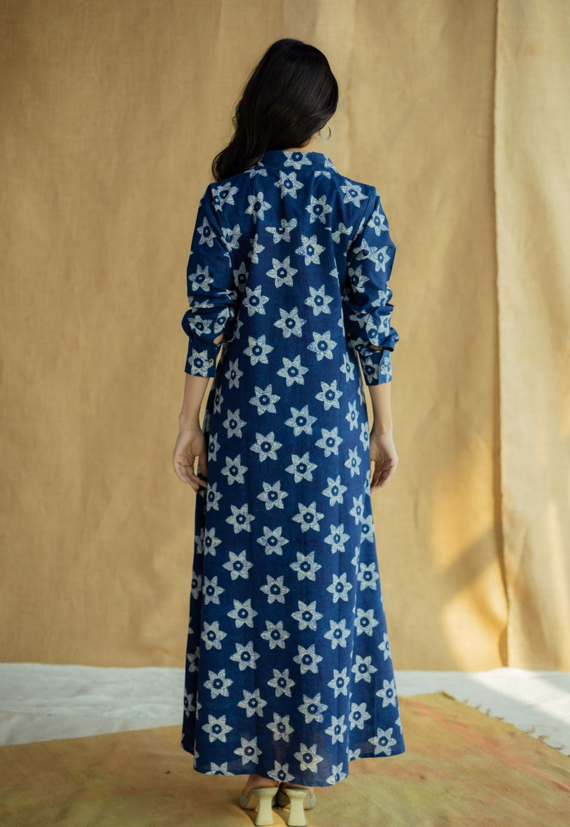 Trusha Indigo Bagru Slub Cotton A Line Dress